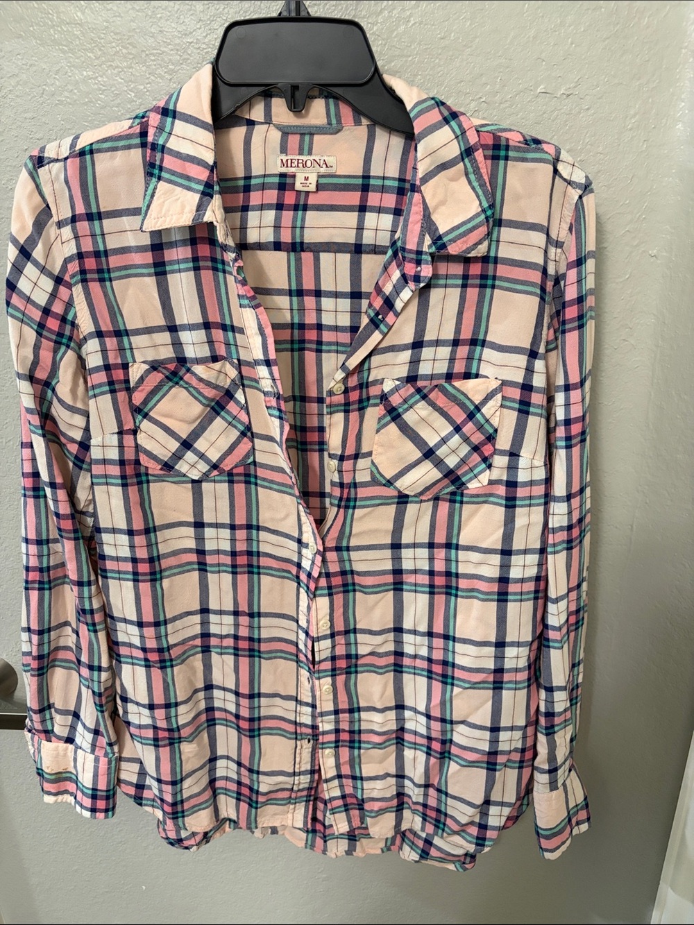 Merona Pink, Navy & Teal Plaid Button-Down Shirt